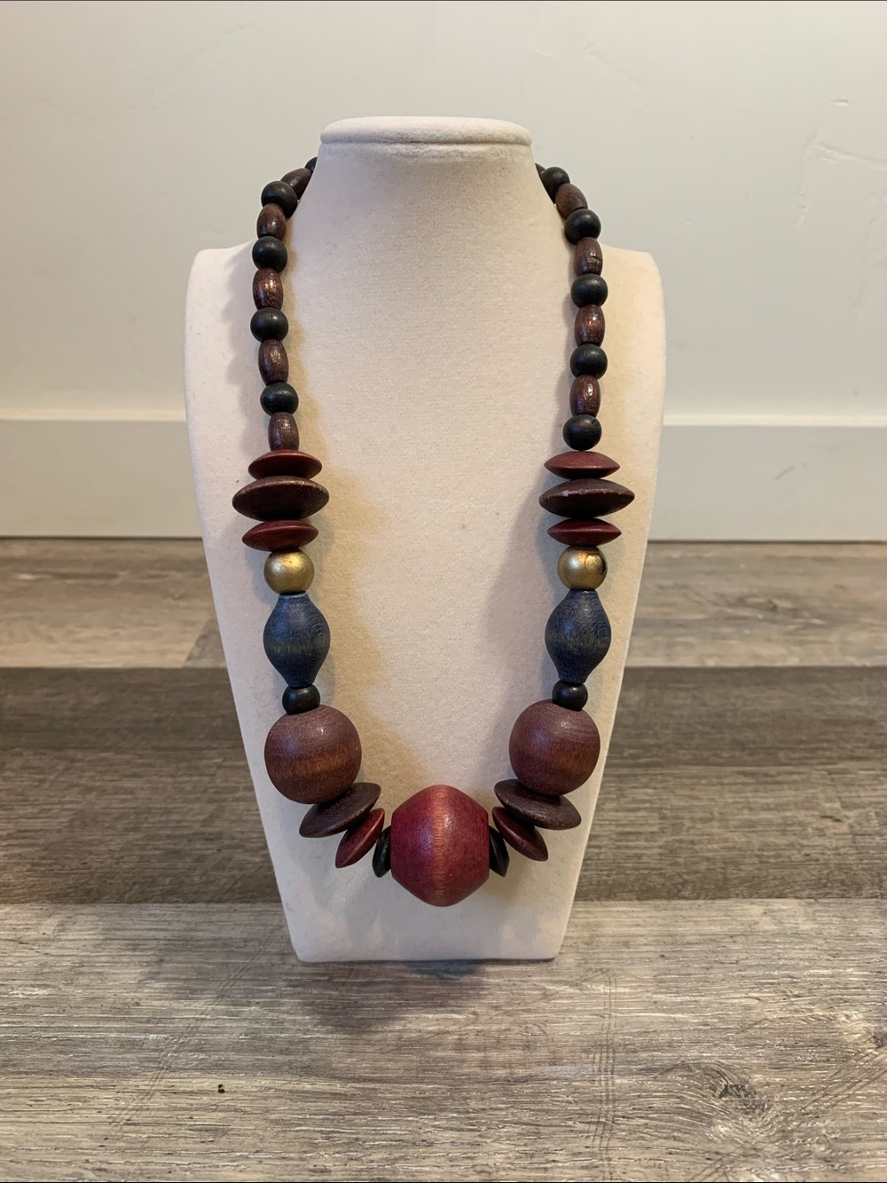 Vintage Red and Brown Large Wood Chunky Statement Beaded Necklace